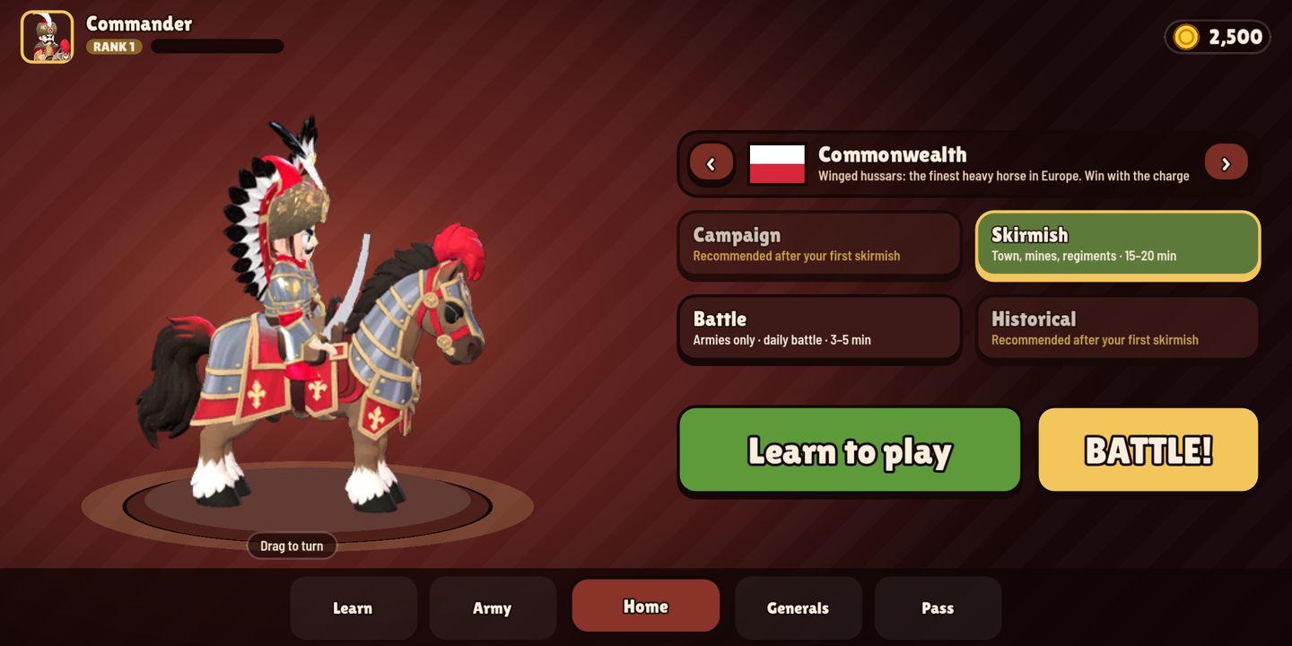 The home screen with the hussar