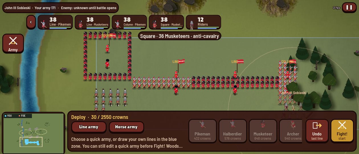Deploying the army in squares and lines